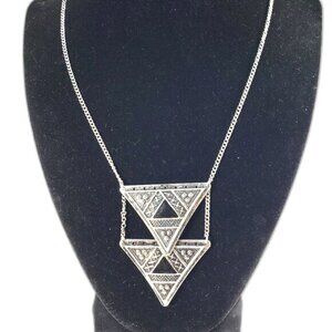 Boho Geometric Triangle Statement Necklace – Silver Tribal Pendant - Stylish